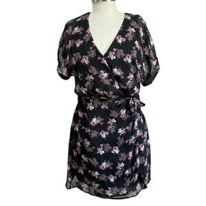 All In Favor Black Floral Wrap Mini Dress Boho Date Night Size S